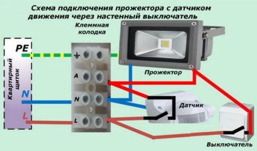 Схема подключения прожектора в комплекте с датчиком движения